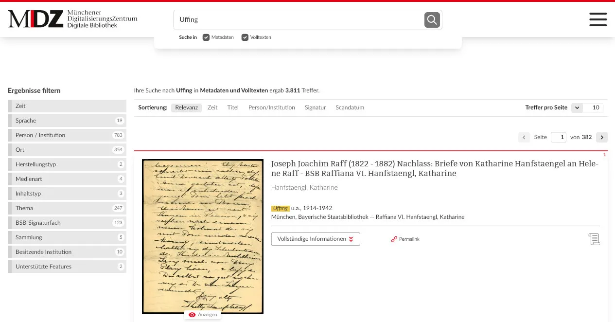 Bayerische Staatsbibliothek: "Uffing" - digitale Metadaten und Volltexte